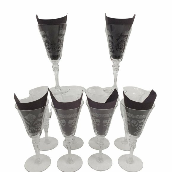 Unmarked Dining Glass Wine Water Glasses Clear Etched Design Set Of